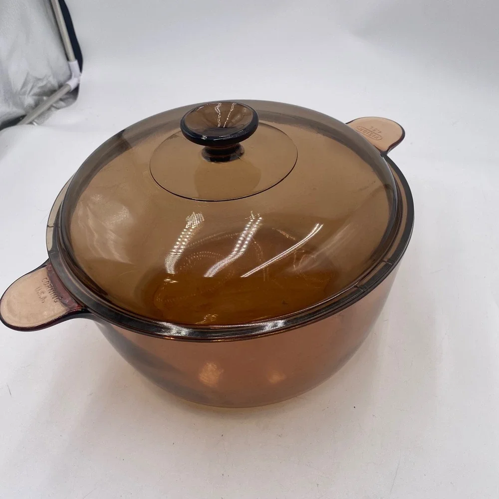 Corning Vision Amber Glass 4.5L Dutch Oven Stock Pot Pyrex Lid USA Vintage Brown
